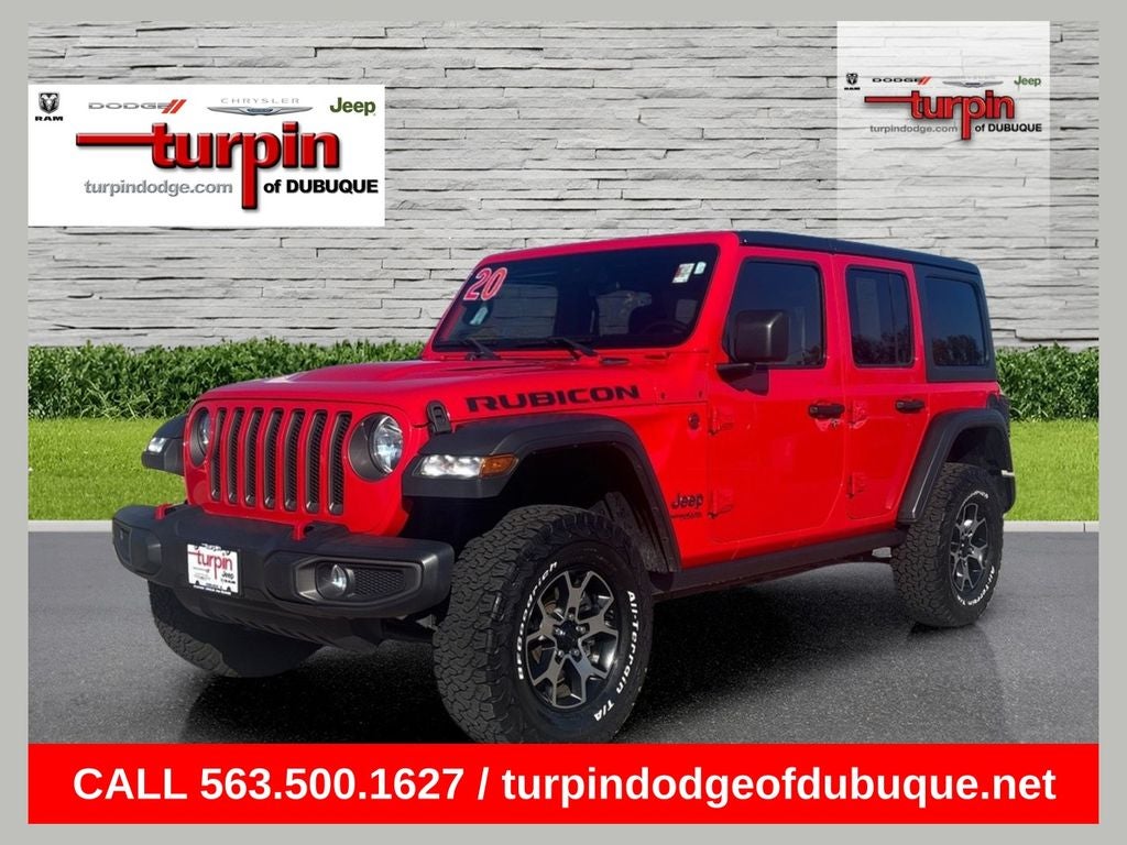 2020 Jeep Wrangler Unlimited Rubicon in Firecracker Red Clearcoat — front three-quarter view