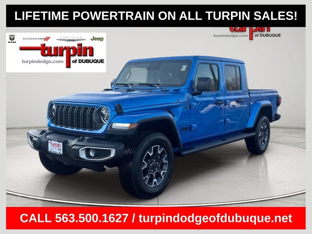 2026 Jeep Gladiator Sahara in Hydro Blue Pearlcoat — front three-quarter view