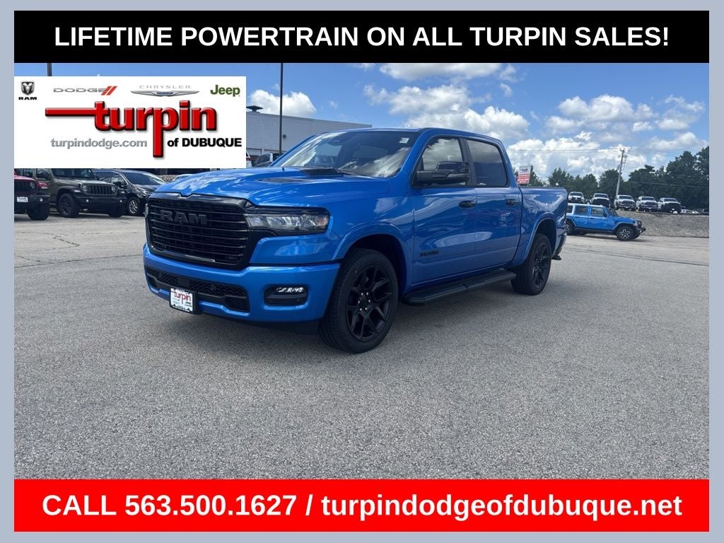 2026 RAM 1500 Laramie in Hydro Blue Pearlcoat — front three-quarter view
