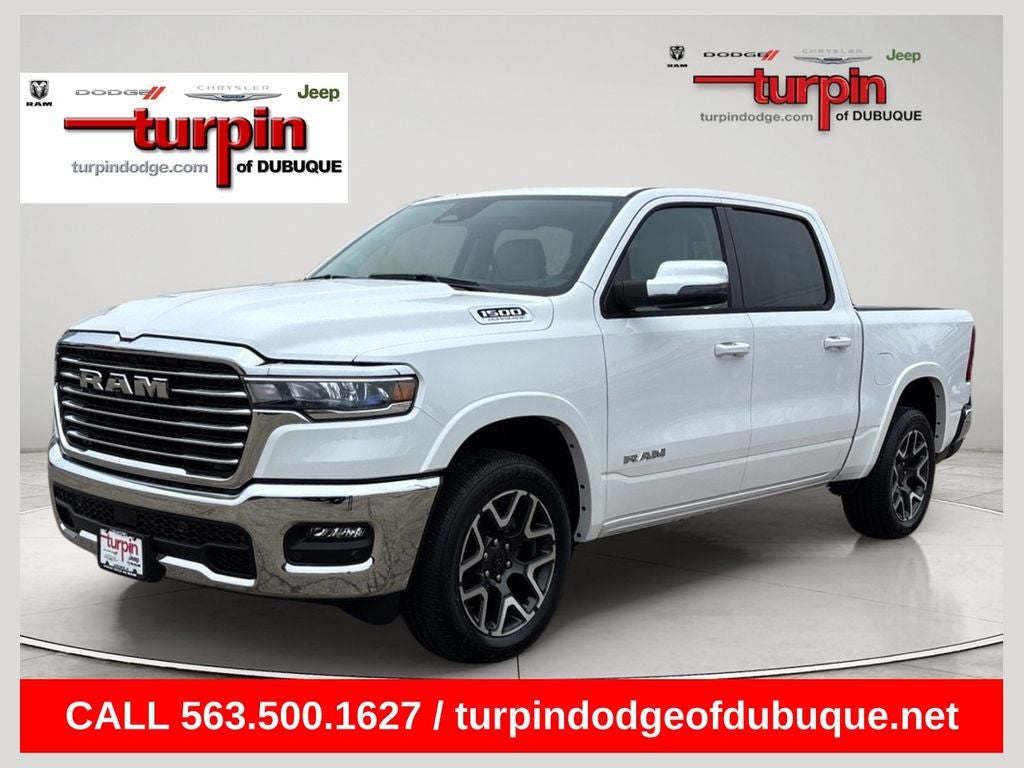 2026 RAM 1500 Laramie in Bright White Clearcoat — front three-quarter view