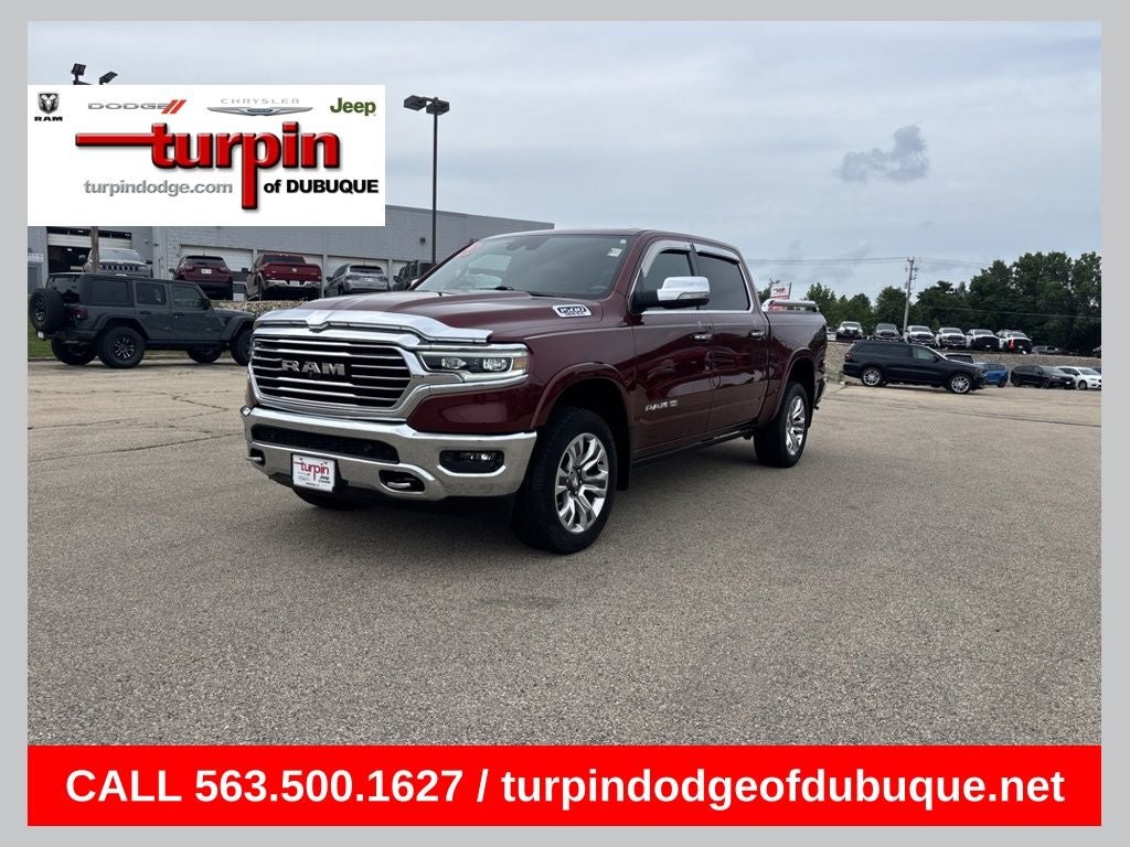 2020 RAM 1500 Laramie Longhorn in Delmonico Red Pearlcoat — front three-quarter view