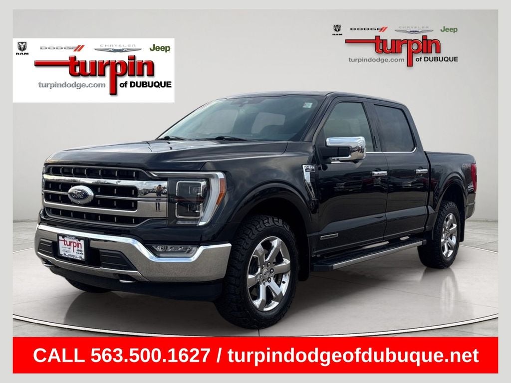 2021 Ford F-150 Lariat in Black Metallic — front three-quarter view