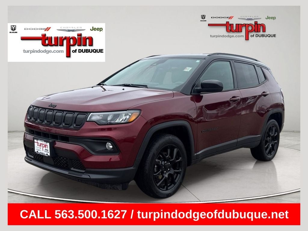 2022 Jeep Compass Latitude in Velvet Red Pearlcoat — front three-quarter view