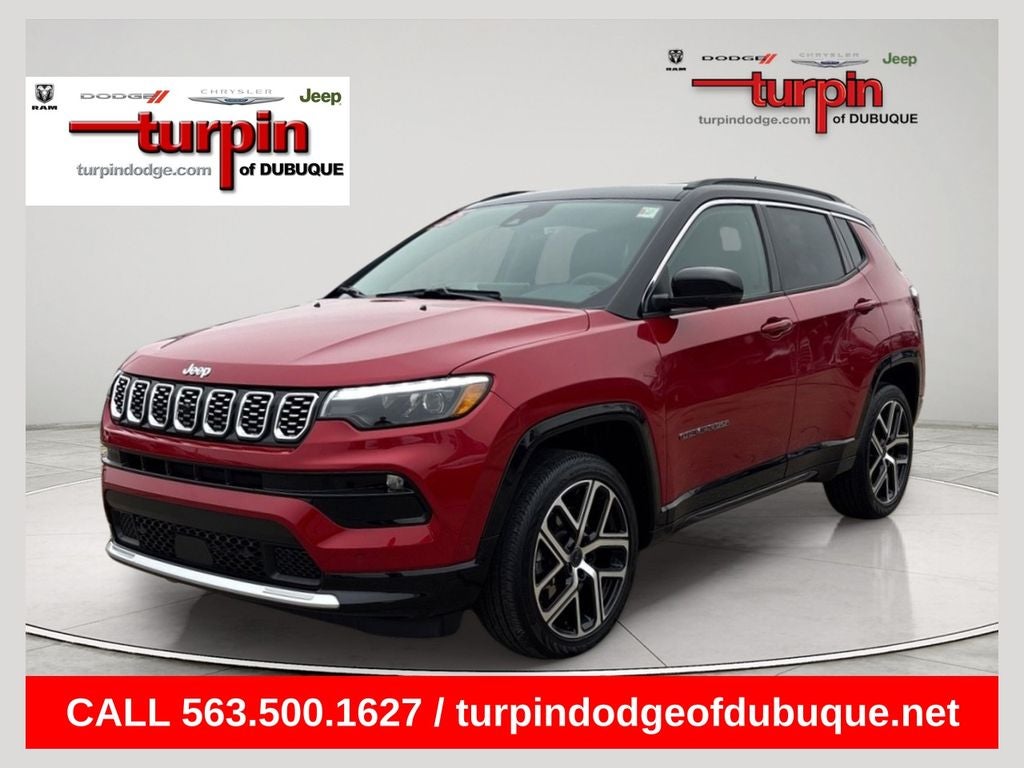 2025 Jeep Compass Limited in Red Hot Pearlcoat — front three-quarter view