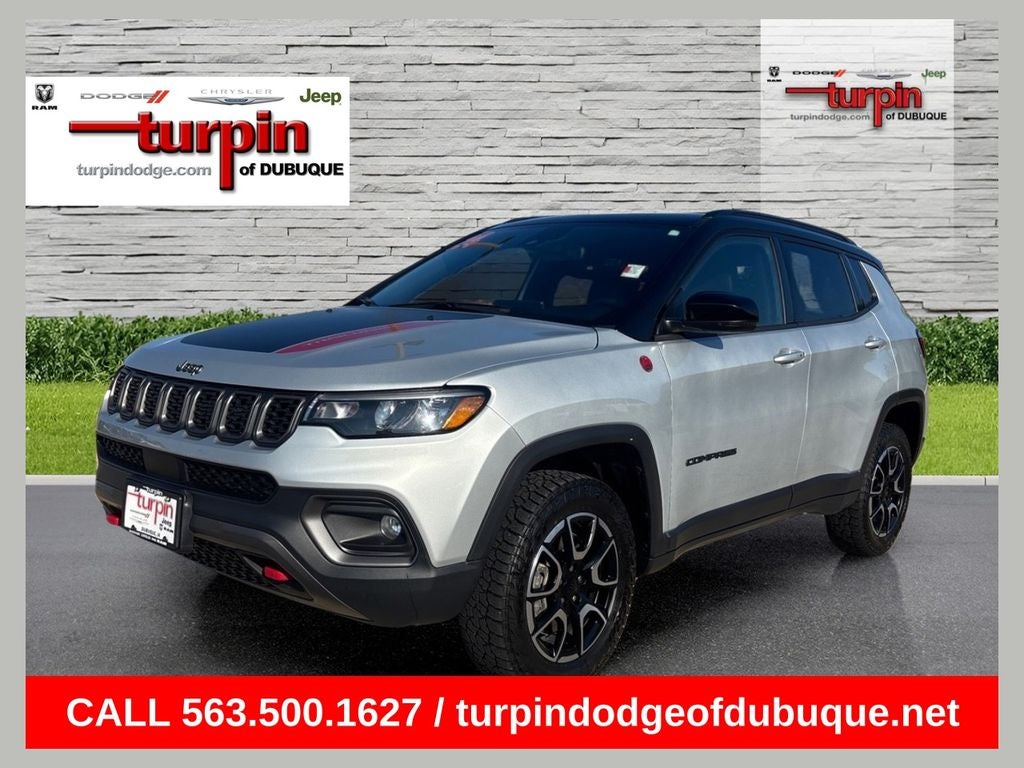2024 Jeep Compass Trailhawk in Silver Zynith Metallic Clearcoat — front three-quarter view