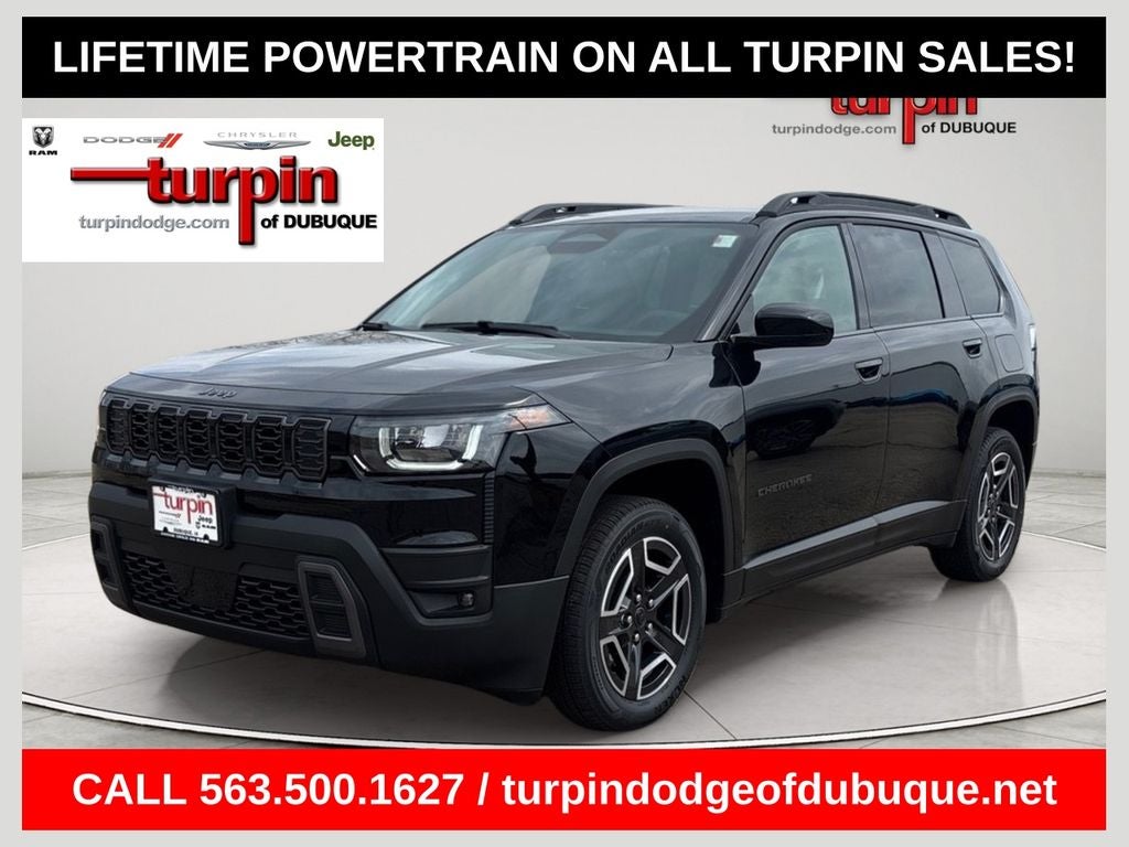 2026 Jeep Cherokee Laredo in Diamond Black Crystal Pearlcoat — front three-quarter view