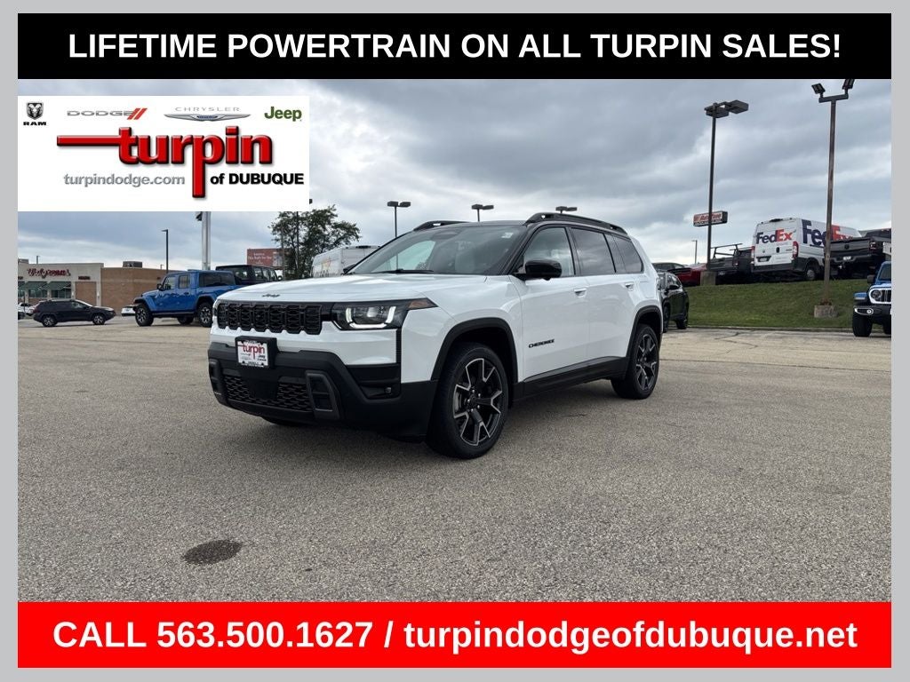 2026 Jeep Cherokee Overland in Bright White Clearcoat — front three-quarter view