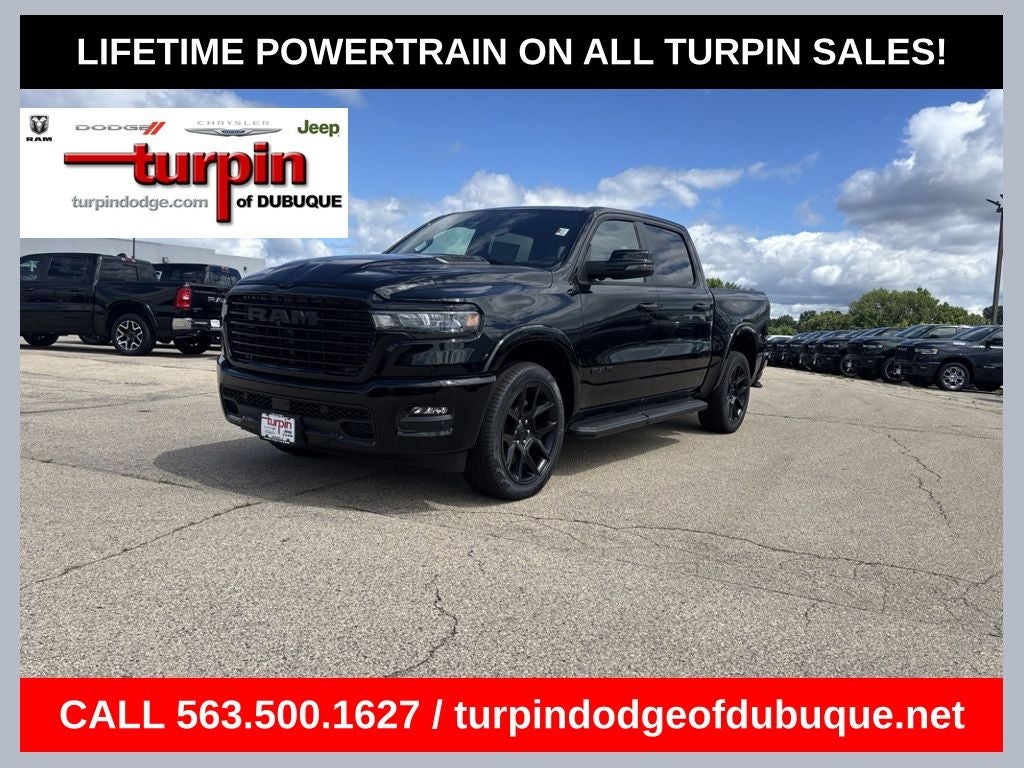 2026 RAM 1500 Laramie in Diamond Black Crystal Pearlcoat — front three-quarter view